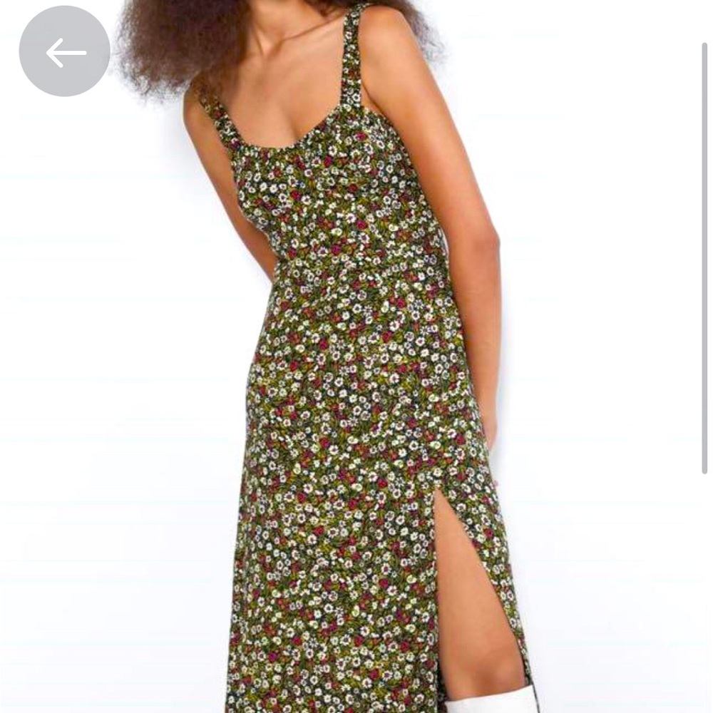 Zara Floral Midi Dress Green White Red Cream on Black Thigh high slit Soft Large